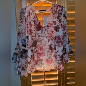 White House Black Market Floral Bell Sleeve Blouse